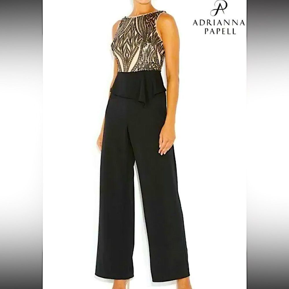 NWT Adrianna Papell Black Halter Sequin Jumpsuit Size 6P